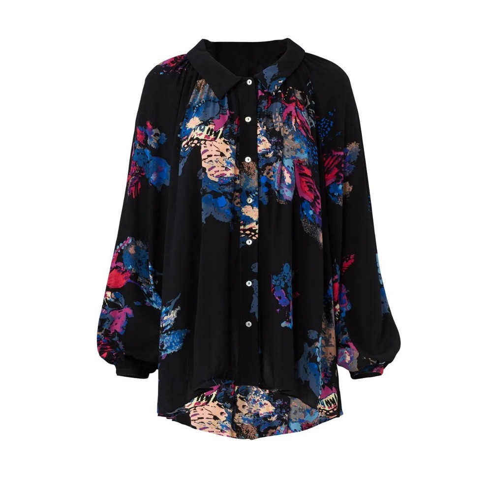 Free People Womens Floral Meadow Lark Blouse Long Sleeve Top Oversized Size XS